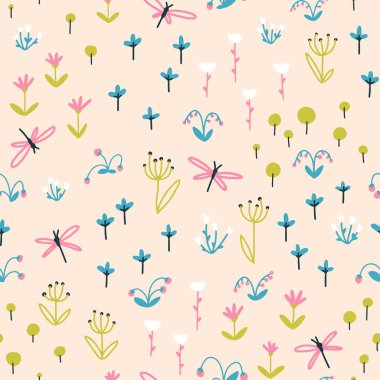 Yusufçuklar, şifalı otlar ve çiçeklerin fidanlığı kusursuz. Basit İskandinav tarzıyla çizilmiş rengarenk karalama çizimi. Bebek tekstil ürünleri için ideal bej arkaplan üzerine vektör çizimi