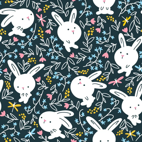 Forest rabbit seamless pattern. Cute character with flowers. Baby cartoon vector in simple hand-drawn Scandinavian style. Nursery illustration on dark background