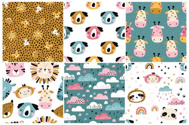 Orman düzeni ayarlandı. Şirin tropikal hayvan ağızlıklarına sahip vektörsüz bebek arkaplanı koleksiyonu. Pembe bulutlar. El çizimi karakterler. Tekstil, kumaş ve ambalaj için ideal.