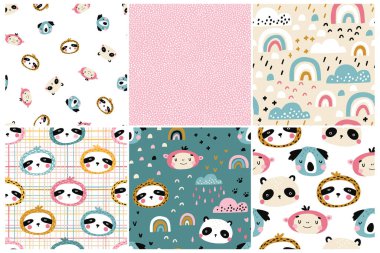 Orman düzeni ayarlandı. Şirin tropikal hayvan ağızlıklarına sahip vektörsüz bebek arkaplanı koleksiyonu. Pembe bulutlar. El çizimi karakterler. Tekstil, kumaş ve ambalaj için ideal.