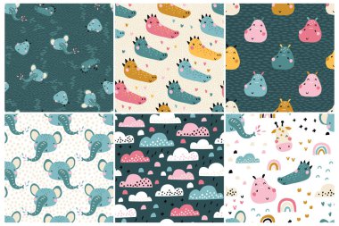 Orman düzeni ayarlandı. Şirin tropikal hayvan ağızlıklarına sahip vektörsüz bebek arkaplanı koleksiyonu. Pembe bulutlar. El çizimi karakterler. Tekstil, kumaş ve ambalaj için ideal.