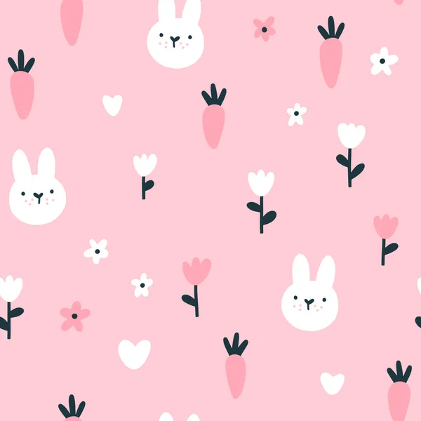 Rabbit seamless pattern. Cute character with wildflowers and carrot. Baby cartoon vector in simple hand-drawn Scandinavian style. Nursery illustration on pink background. — Stock Vector