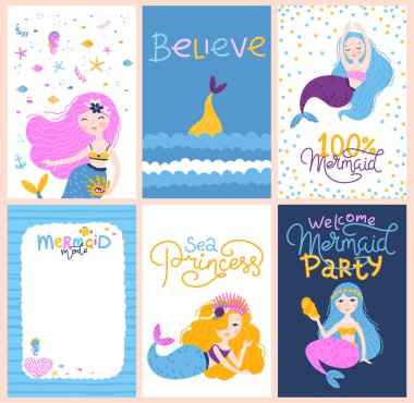 Üzerinde harfler olan denizkızı kartı. Beyaz arka planda balık kuyruklu sevimli çocuksu kız karakteri. Basit çizgi film tarzında el çizimi bir vektör çizimi. Renkli palet.