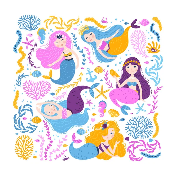Sirena engastada en un marco cuadrado. Ilustraciones vectoriales de personajes lindos chicas fantásticas en un estilo de dibujos animados dibujado a mano simple rodeado de vida marina, corales, conchas marinas, algas. Paleta de colores. — Archivo Imágenes Vectoriales