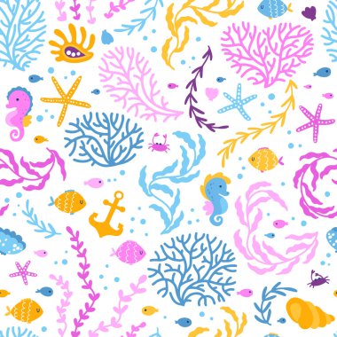 Deniz yosunları, mercanlar, şirin deniz sakinleri, deniz atları, küçük yengeçler ve balıklar, çapalı, kabuklu ve deniz yıldızlı deniz dipsiz desenler. Renkli palet ile el çizimi çocuksu vektör çizimi.