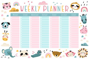 Orman hayvanlarının sevimli yüzleri. Bir haftalık planlamacı. Gökkuşağı ve bulutlarla basit İskandinav karikatür tarzında renkli vektör çizimi. Sınırlı palet bir çocuk okulu ve anaokulu programı için idealdir.