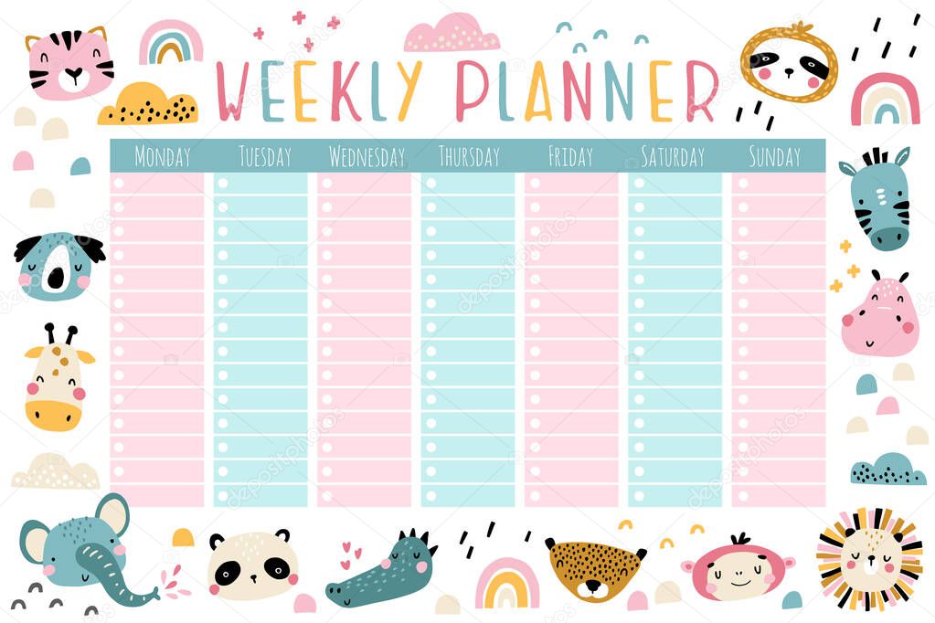 Cute faces of jungle animals. Planner for a week. Vector colorful illustration in simple scandinavian cartoon style with rainbows and clouds. The limited palette is ideal for a child's school, kindergarten schedule