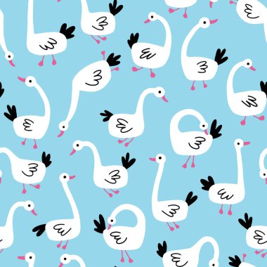 Kazlar kusursuz desenli. Beyaz Kaz farklı pozlarda. Basit el çizimi çizgi film stilinde şirin vektör çizimi. Basit çocuksu çizgi film stili tekstil ve bebek partisi kumaşları için mükemmel..