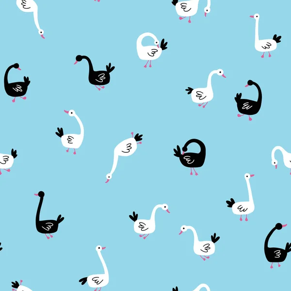 Patrón de gansos sin costuras. Ganso blanco y negro, cisne en diferentes poses. Linda ilustración vectorial en estilo de dibujos animados dibujado a mano simple. Estilo de dibujos animados infantiles simples perfectos para textiles, baby shower — Vector de stock