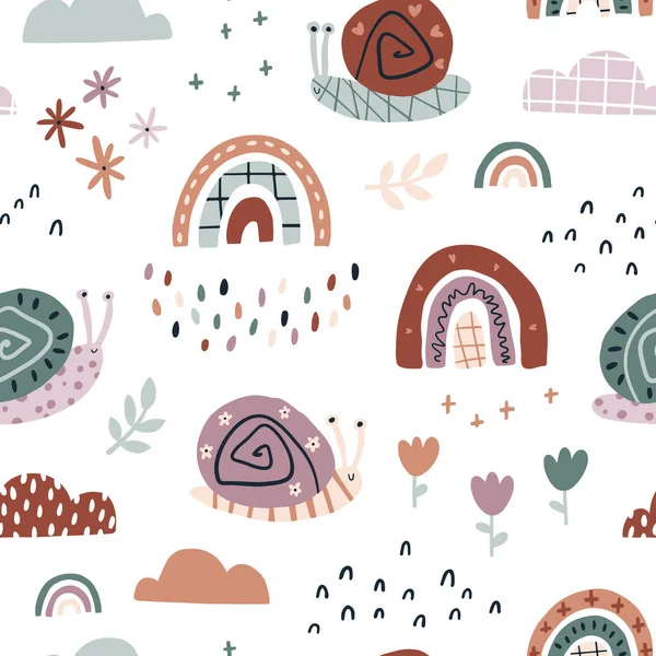 Rainbow snails in the rain seamless pattern. Summer nursery vector background in earthy trending colors. Hand-drawn childish naive illustrations in a simple Scandinavian style in a limited palette — ストックベクタ