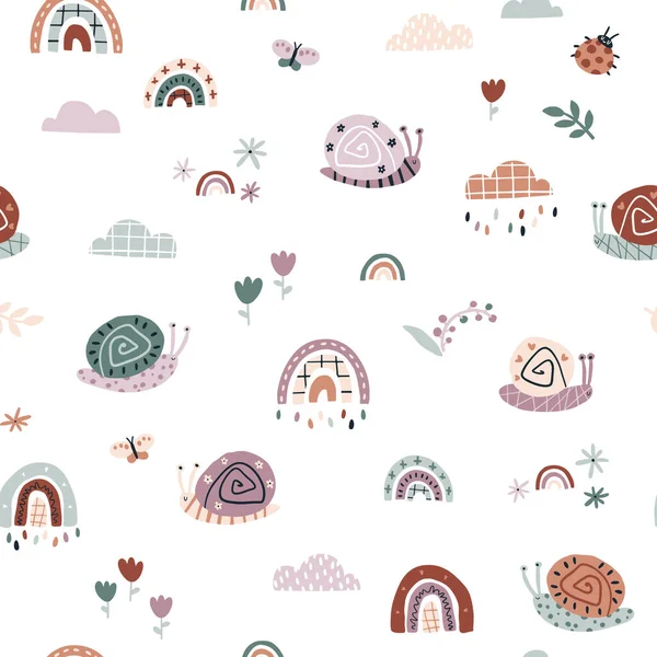 Rainbow snails in the rain seamless pattern. Summer nursery vector background in earthy trending colors. Hand-drawn childish naive illustrations in a simple Scandinavian style in a limited palette — Stockový vektor