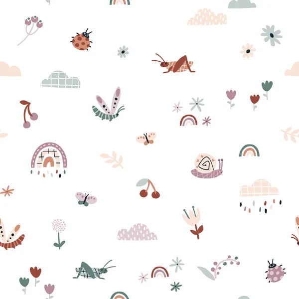 Rainbow snails in the rain seamless pattern. Summer nursery vector background in earthy trending colors. Hand-drawn childish naive illustrations in a simple Scandinavian style in a limited palette — Stockový vektor