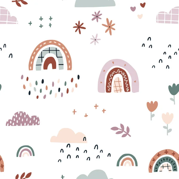 Rainbow in the rain seamless pattern. Summer nursery vector background in earthy trending colors. Hand-drawn childish naive illustrations in a simple Scandinavian style in a limited palette. — Image vectorielle