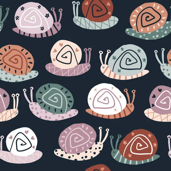Snails seamless pattern. Summer nursery vector background in earthy trending colors. Hand-drawn childish naive illustrations in a simple Scandinavian style in a limited palette. — ストックベクタ
