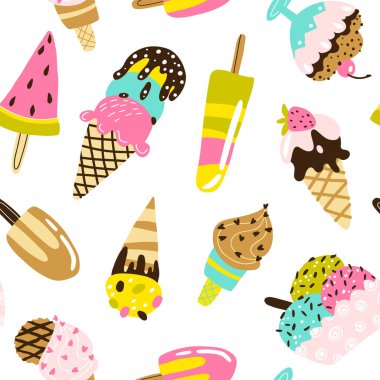 Dondurma izi yok. Çikolata ve meyveli farklı şekillerde dondurulmuş şekerlerin el yapımı modern vektör çizimleri. Çocuksu yaz teması. İskandinav saf çizgi film tarzı