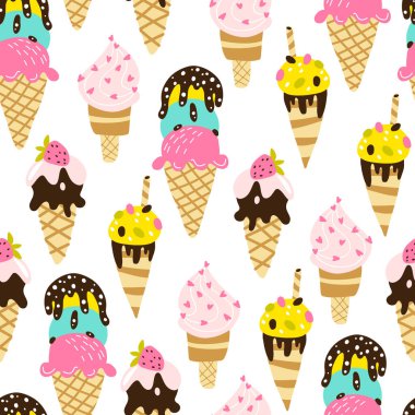 Dondurma izi yok. Çikolata ve meyveli farklı şekillerde dondurulmuş şekerlerin el yapımı modern vektör çizimleri. Çocuksu yaz teması. İskandinav saf çizgi film tarzı