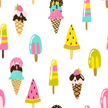 Dondurma izi yok. Çikolata ve meyveli farklı şekillerde dondurulmuş şekerlerin el yapımı modern vektör çizimleri. Çocuksu yaz teması. İskandinav saf çizgi film tarzı