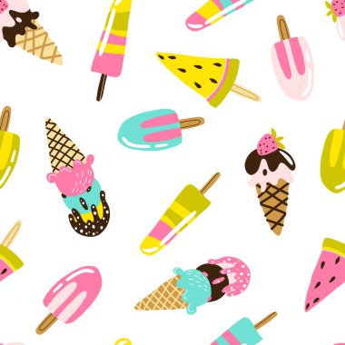 Dondurma izi yok. Çikolata ve meyveli farklı şekillerde dondurulmuş şekerlerin el yapımı modern vektör çizimleri. Çocuksu yaz teması. İskandinav saf çizgi film tarzı