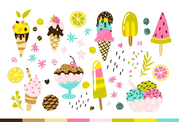 Set Helados Modernas Ilustraciones Dibujadas Mano Vectoriales Dulces Congelados Diferentes — Archivo Imágenes Vectoriales