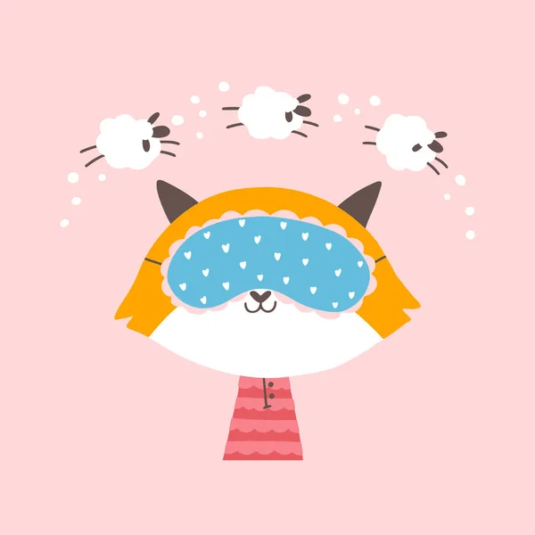 The fox in the sleep mask is counting the sheep. Portrait of a cute animal. Vector cartoon character in simple hand-drawn scandinavian style. Ideal for decorating nursery and printing on baby clothes. — Stock Vector