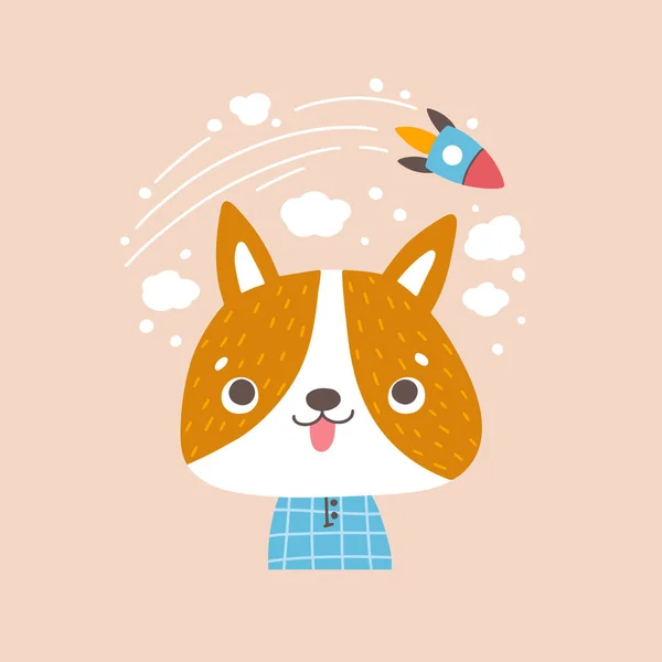 A dog in pajamas dreams of space. Portrait of a cute animal. Vector cartoon character in simple hand drawn Scandinavian style. Ideal for decorating baby clothes and printing on baby clothes. — Stock Vector