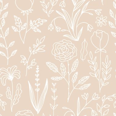 Çiçeksel desensiz karalama. Elle çizilmiş çiçek ve bitkilerin temsilcisi. İnce çizgi çizimi