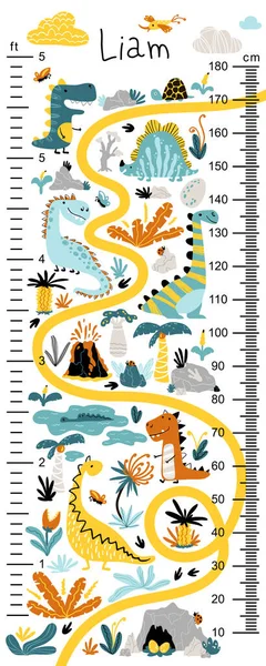 Çocuklar için dinozor boyu grafiği. Basit İskandinav tarzı çizilmiş şirin vektör çizimi. Sınırlı renkli palet yazdırmak için idealdir. Çocuk odası tasarımı için çocuksu ölçü duvarı.