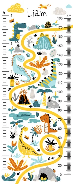 Çocuklar için dinozor boyu grafiği. Basit İskandinav tarzı çizilmiş şirin vektör çizimi. Sınırlı renkli palet yazdırmak için idealdir. Çocuk odası tasarımı için çocuksu ölçü duvarı. — Stok Vektör