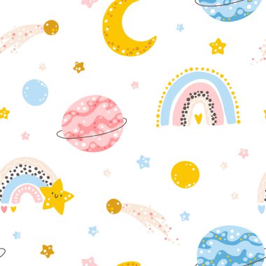 Gökkuşağı galaksisi, ay, gezegenler ve yıldızlarla kusursuz desen. Elle çizilmiş basit İskandinav tarzında vektör illüstrasyonu. Pastel palet bebek kıyafetleri ve tekstil basmak için idealdir.