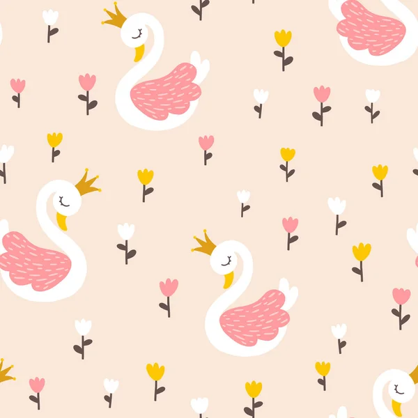 Kuğu prenses, lale çiçekli kusursuz desen. Elle çizilmiş İskandinav karikatürü tarzında sevimli bir masal. Pastel palet bebek kıyafetleri ve kız kumaşları için ideal.