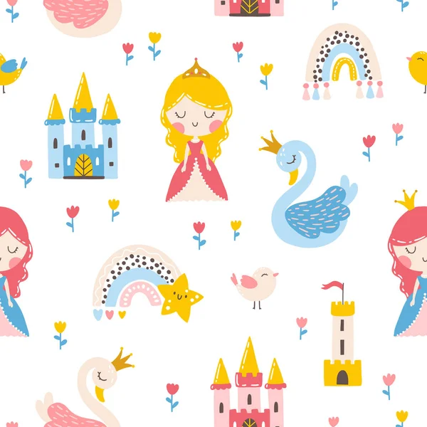 Kuğu, kale, gökkuşağı ve çiçeklerle kusursuz prenses deseni. Elle çizilmiş bir çizgi film tarzında peri krallığındaki bir kızın vektör çizimi. Pastel palet bebek kıyafetleri tekstil ürünleri için idealdir.