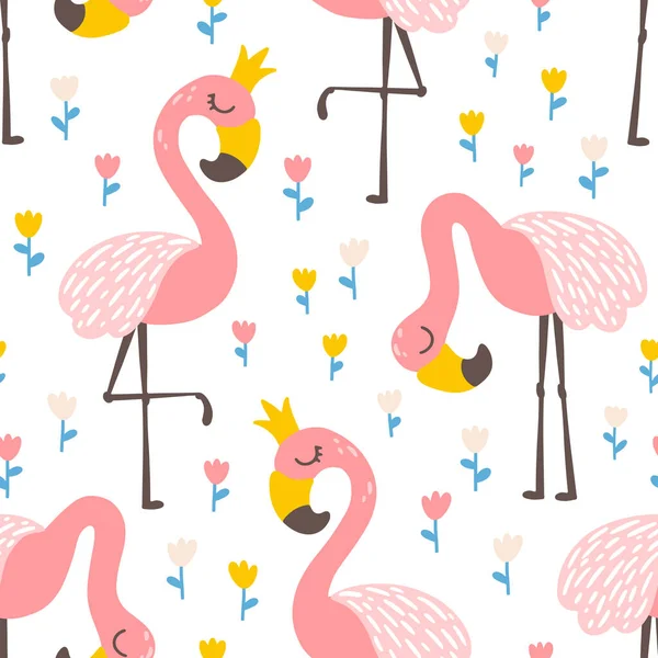 Princess Flamingo Αδιάλειπτη Μοτίβο Λουλούδια Τουλίπας Διάνυσμα Χαριτωμένο Απεικόνιση Ενός — Διανυσματικό Αρχείο
