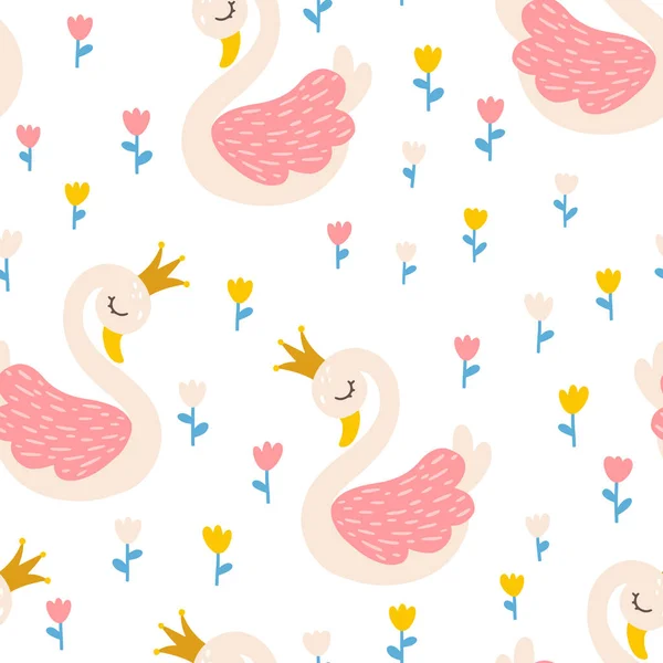 Swan princesa sem costura padrão com flores de tulipas. Vector conto de fadas ilustração bonito em estilo cartoon escandinavo desenhado à mão. A paleta pastel é ideal para roupas de bebê, têxteis femininos. —  Vetores de Stock