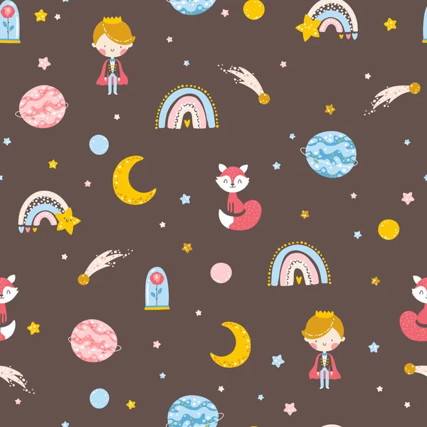 Petit prince motif sans couture. Garçon avec Renard, rose, planètes et étoiles. Illustration vectorielle dans un style dessin animé simple dessiné à la main. La palette pastel est idéale pour imprimer des vêtements pour bébés, des textiles. — Image vectorielle