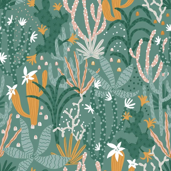 Tropical jungle seamless pattern. Vector illustrations of plants, cacti, succulents in a simple cartoon hand-drawn style. Pastel earthy palette. — Stock Vector