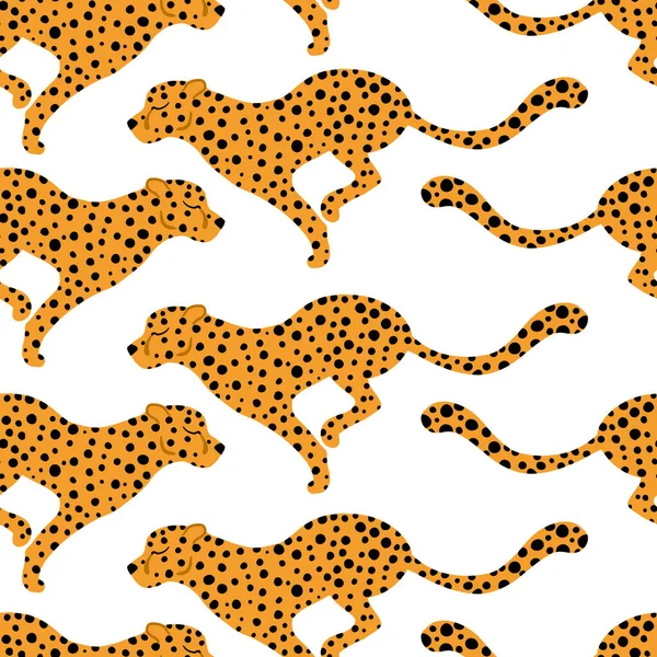Luipaarden naadloos patroon. Vector illustratie van tropische dieren in eenvoudige cartoon handgetekende stijl. Isoleer op een witte achtergrond. — Stockvector