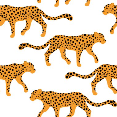 Leoparlar kusursuz desen. Elle çizilmiş basit bir çizgi filmdeki tropikal hayvanların vektör çizimi. Beyaz arkaplanda izole et.
