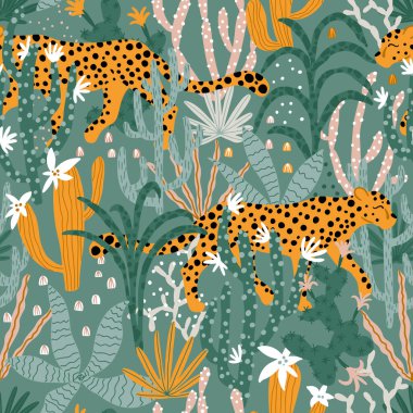 Tropikal Ormandaki Leopar Kusursuz Şekil. Hayvanların, bitkilerin, kaktüslerin, sulandırıcılarının basit bir karikatür çizimi şeklindeki vektör çizimleri. Pastel toprak paleti.