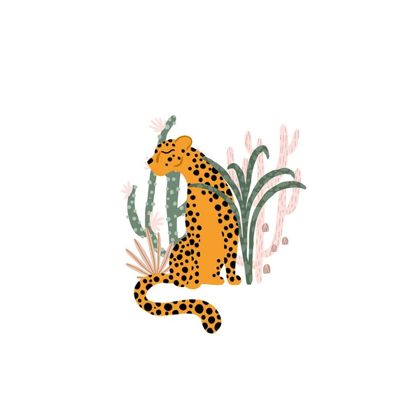 Leopardo en la selva tropical. Ilustración vectorial composición de animales, plantas, cactus, suculentas en estilo simple dibujado a mano de dibujos animados. Paleta de tierra pastelera. Aislar sobre un fondo blanco. — Vector de stock