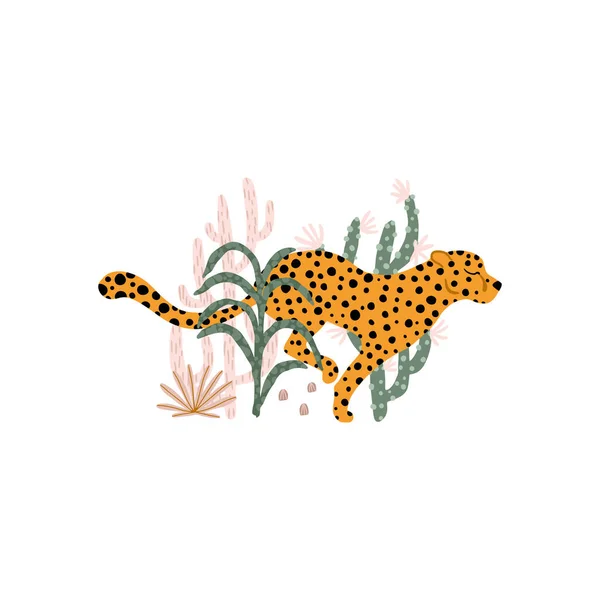 熱帯ジャングルのヒョウ。動物、植物、サボテン、シンプルな漫画の手描きのスタイルで多肉植物のベクトルイラスト構成。パステル土のパレット。白い背景に隔離された. — ストックベクタ