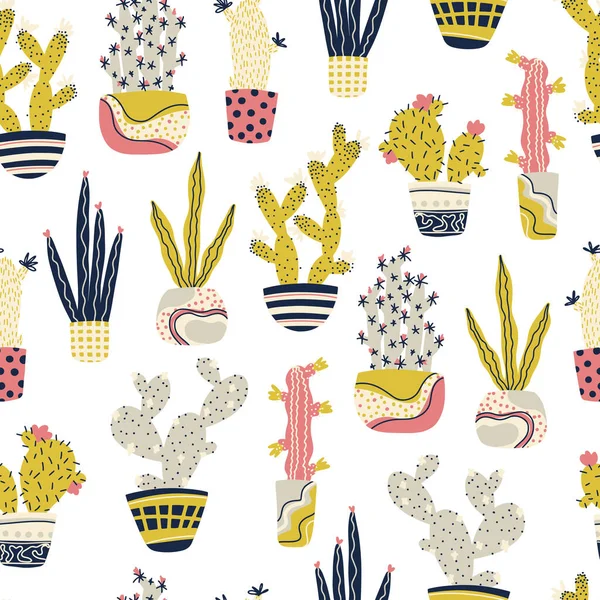 Cactus plantas tropicales en macetas vector patrón sin costura. Un garabato infantil de dibujos animados. Lindos cactus dibujados a mano y suculentas en un simple estilo escandinavo ingenuo de moda. Paleta de pastel limitada. — Archivo Imágenes Vectoriales