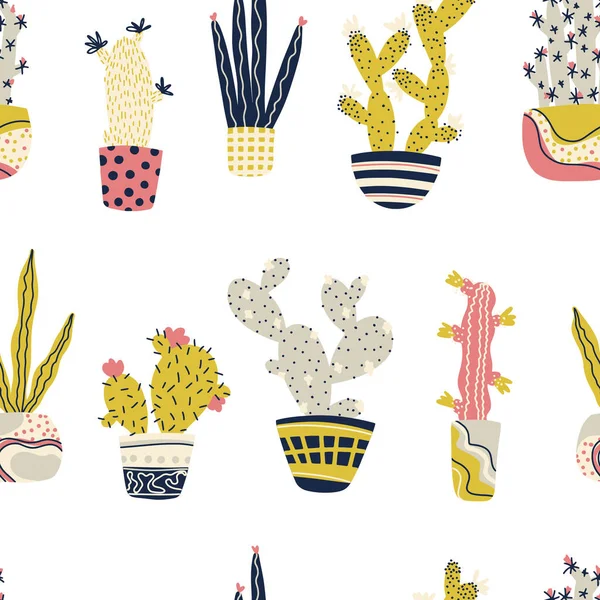 Cactus plantas tropicales en macetas vector patrón sin costura. Un garabato infantil de dibujos animados. Lindos cactus dibujados a mano y suculentas en un simple estilo escandinavo ingenuo de moda. Paleta de pastel limitada. — Archivo Imágenes Vectoriales