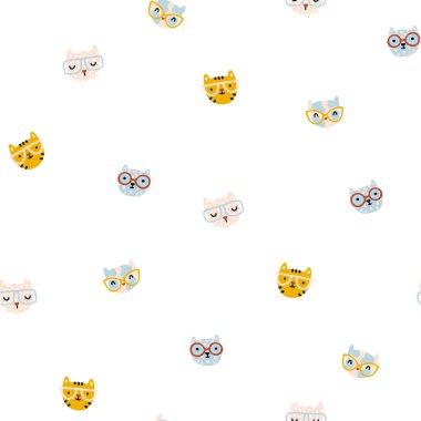 Kusursuz bir desen. Gözlüklü sevimli kedicikler. Elle çizilmiş saf İskandinav tarzında çocuk odası karakterleri. Pastel palet. Bebek kumaşları, tekstil ve tişörtler için. Beyaz arkaplan.