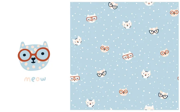 猫无缝图案 可爱的小猫戴眼镜 一个简单的手绘天真的卡通画斯堪的纳维亚风格的幼儿园角色 面团调色板 蓝色背景 婴儿织物 纺织品 T恤衫 — 图库矢量图片