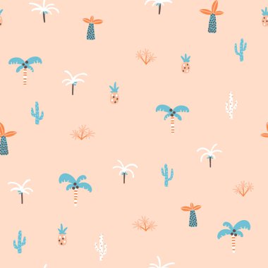 Tropikal ormanın dikişsiz deseni. Palmiye ağaçları ve bitkiler basit bir İskandinav çizim tarzında. Bebek kıyafetleri, tekstil kumaşları için bebek bezi paleti. Vektör çizgi arkaplanı