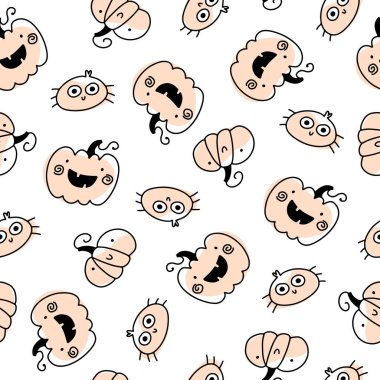 Tatlı tatil balkabakları ve örümcek dikişsiz cadılar bayramı deseni basit bir el çizimi çocuksu karalama tarzı. Pastel arka planda bir çizgi. Bebek tekstil ve giysileri için ideal..