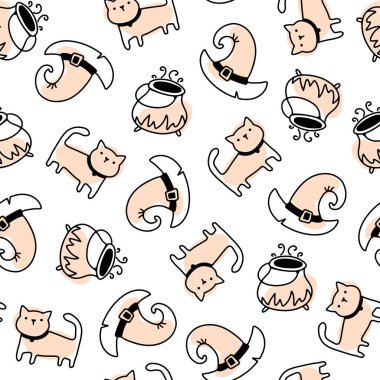 Tatlı cadı kedi ve şapkasız cadılar bayramı deseni basit bir el çizimi çizgi film karalama tarzında. Pastel arka planda bir çizgi. Bebek tekstil ve giysileri için ideal..