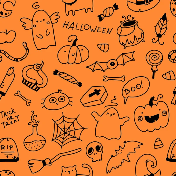 Halloween-Doodle nahtlose Muster. Vektor-Urlaubsfiguren und schreckliche Elemente im einfachen, handgezeichneten Cartoon-Stil. schwarzer Umriss auf orangefarbenem Hintergrund. — Stockvektor