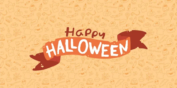 Halloween lettering baner on doodle background seamless pattern. Vector holiday characters and horrible elements in simple hand drawn cartoon style. — Stockvector