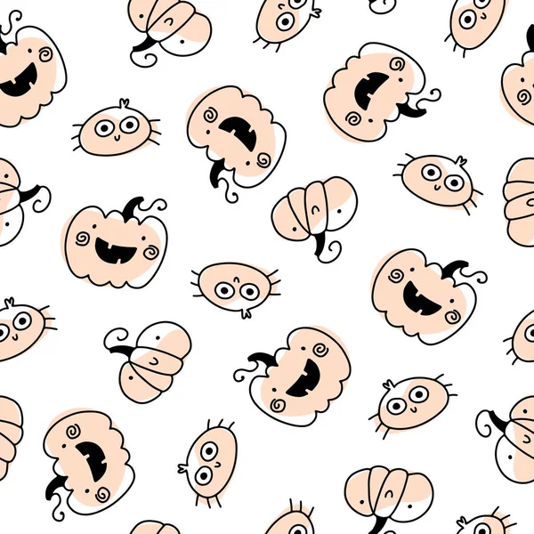 Tatlı tatil balkabakları ve örümcek dikişsiz cadılar bayramı deseni basit bir el çizimi çocuksu karalama tarzı. Pastel arka planda bir çizgi. Bebek tekstil ve giysileri için ideal..